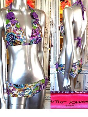 Vintage Betsey Johnson Bikini Multi Floral 3D Rosette Skirted Swimsuit Sz S D DD